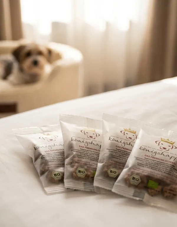 Königshappen Leckerlis auf dem Hotelbett, Hund im Körbchen